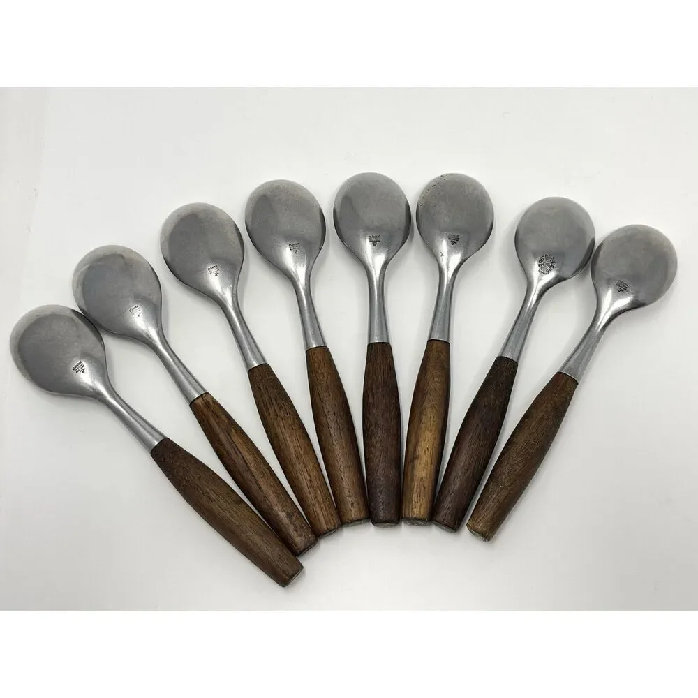 Dansk FJORD Teaspoons Teak Handle Stainless Steel Germany 6 3/8” Set Of 8